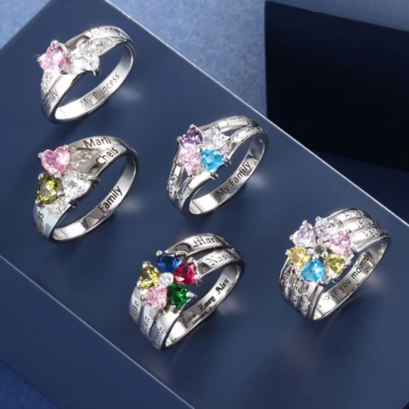 高級925シルバーと輝くハート型誕生石のカスタム刻印リング 指輪(5~8ネーム)