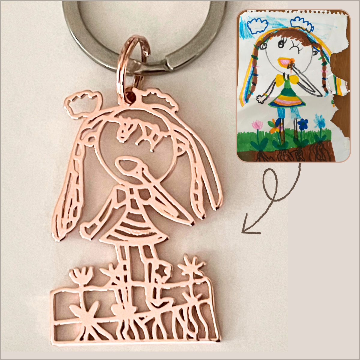 かけがえのない子供の絵を形にしたオリジナル オーダーメイド キーホルダー(コンプリケイテッド タイプ)