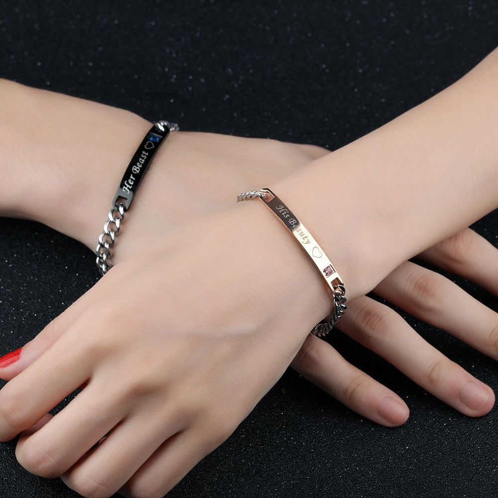 ストーン付き カスタム ネーム入れカップルチェーンブレスレット