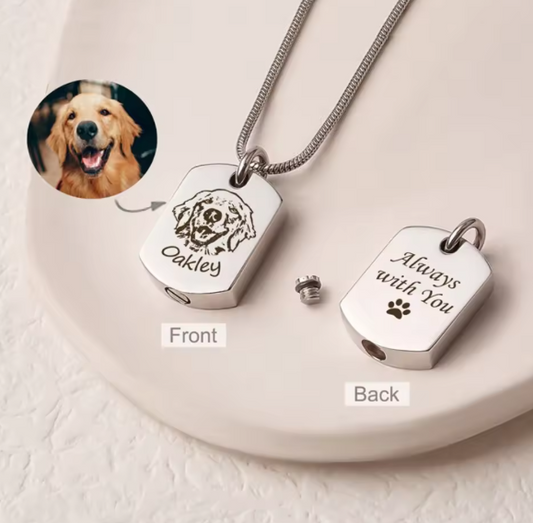 愛犬・愛猫・ペットの遺灰カプセル＆文字レーザー刻印方式 四辺形ペンダントネックレス
