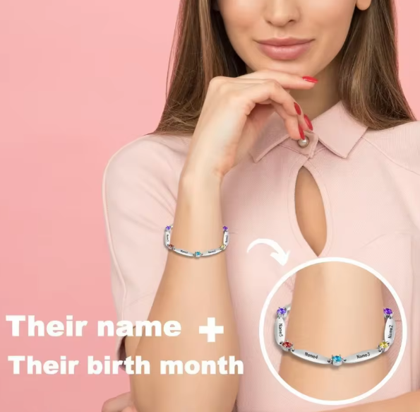 誕生石とネーム刻印のペンダント付きカスタムブレスレット