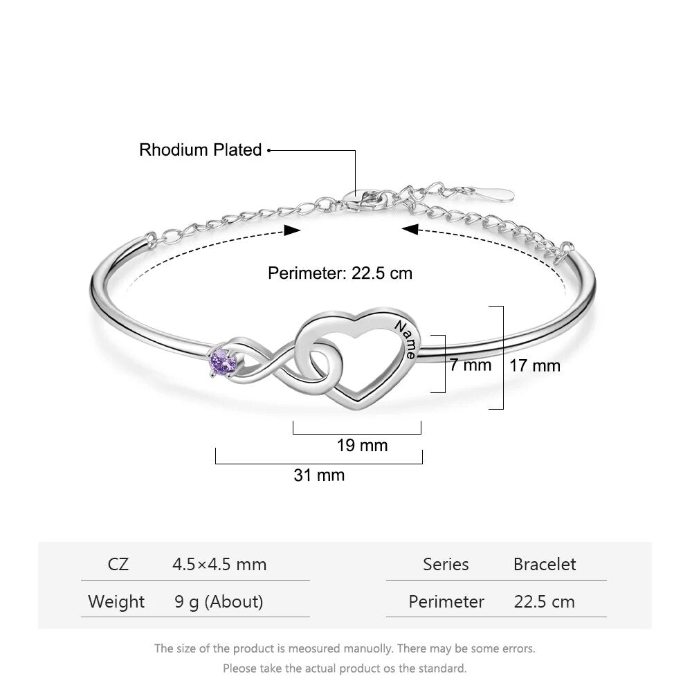 無限大とハートのクロススタイルのエレガントな誕生石入れ文字刻印カスタムブレスレット