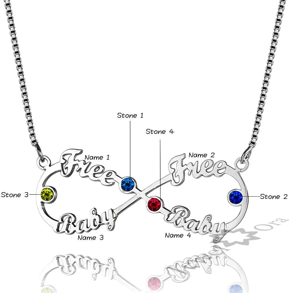 純度92.5%スターリングシルバー 輝く無限大（∞）形のオリジナル文字と誕生石入れネックレス