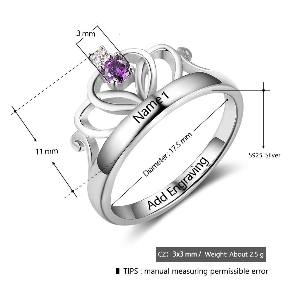 純度92.5％スターリングシルバー 輝く人工ダイヤモンドの誕生石入りのクラウンスタイルの ネーム刻印リング 指輪