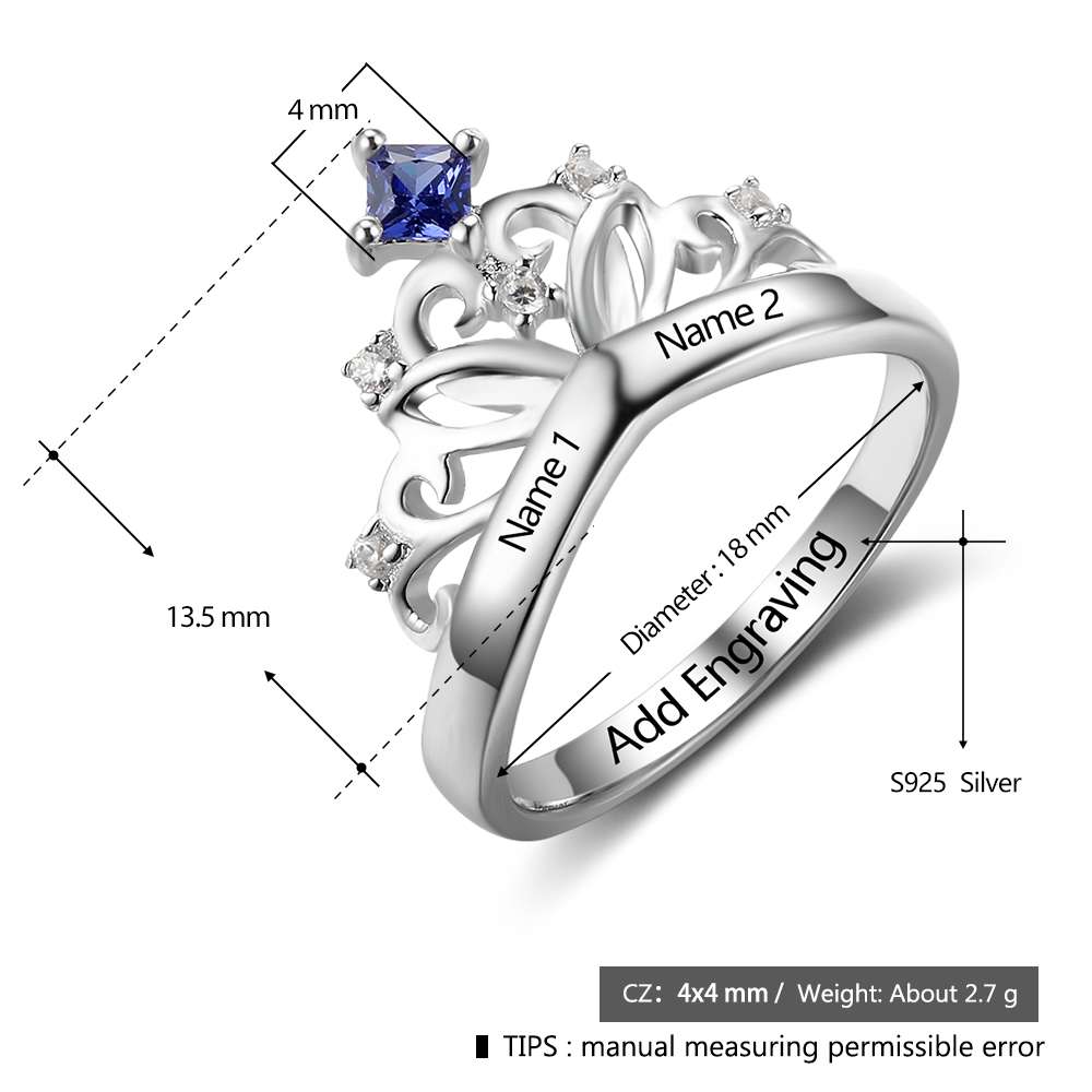 クラウンデザイン輝く人工ダイヤモンドの誕生石装飾 純度92.5％スターリングシルバー名前刻印リング 指輪
