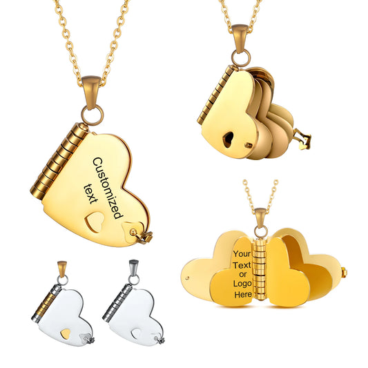 ハート型ステンレス ブックペンダント｜開閉式・多ページ｜オーダーメイド文字刻印ネックレス