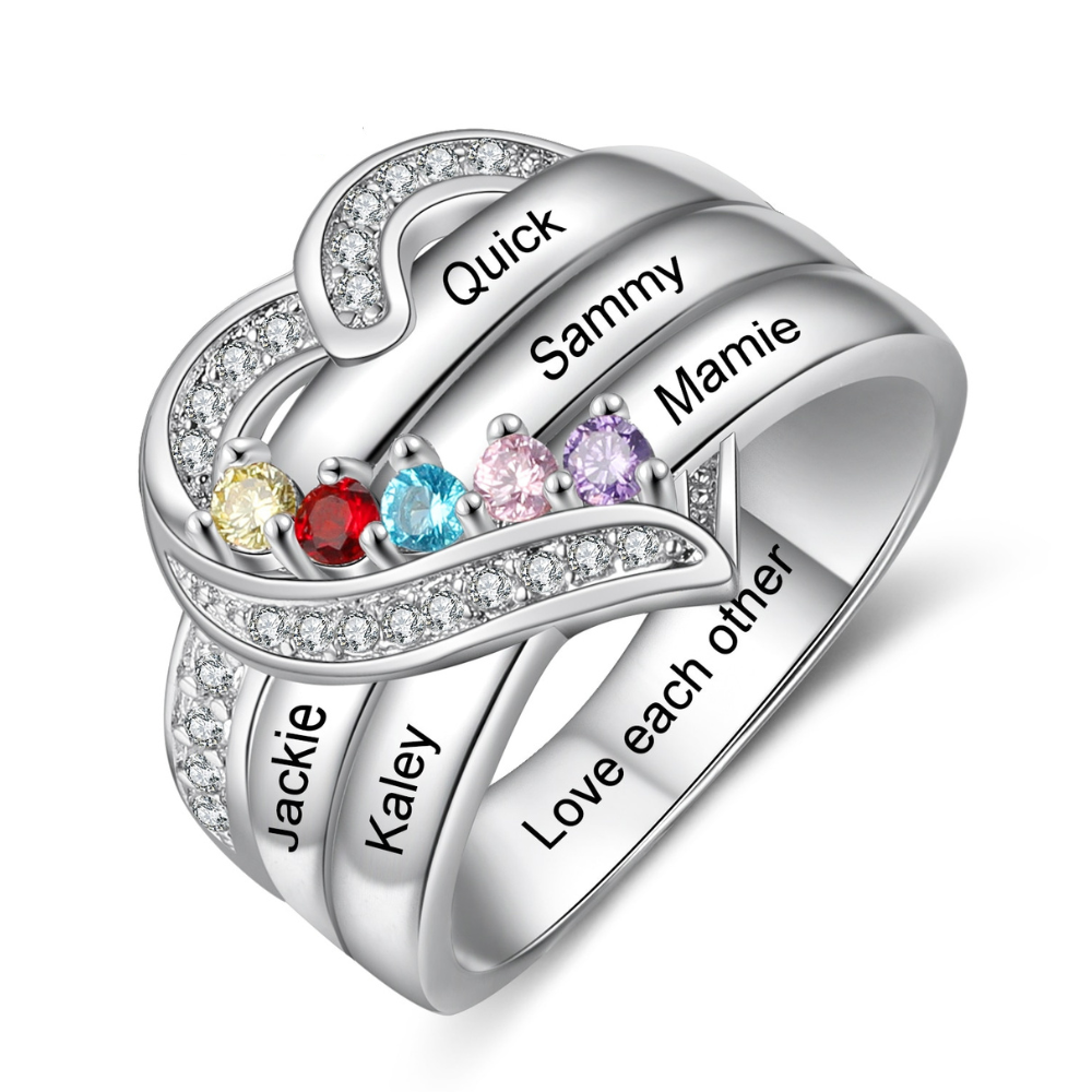– World-customize-store 指輪 ネーム刻印 純度92.5％シルバー リング リング ハート型 輝くジルコン誕生石