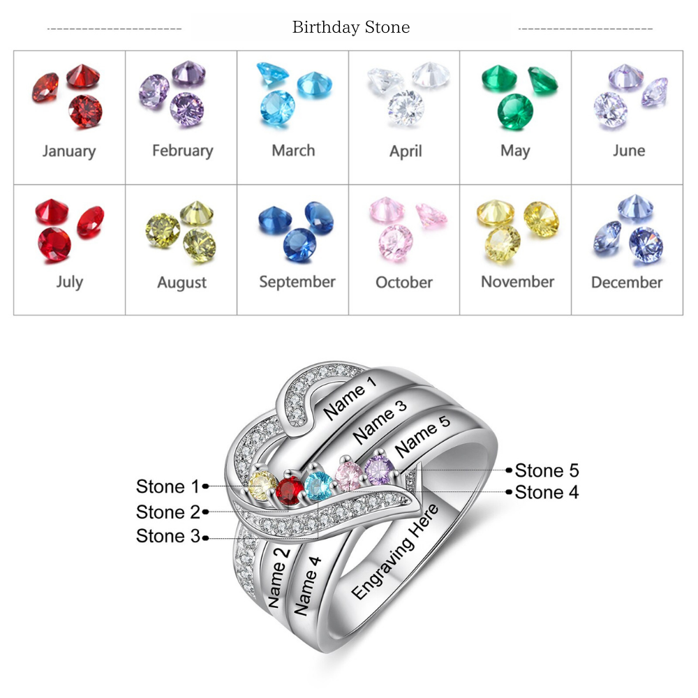 純度92.5％シルバー リング 輝くジルコン誕生石 ネーム刻印 ハート型 リング 指輪 – World-customize-store