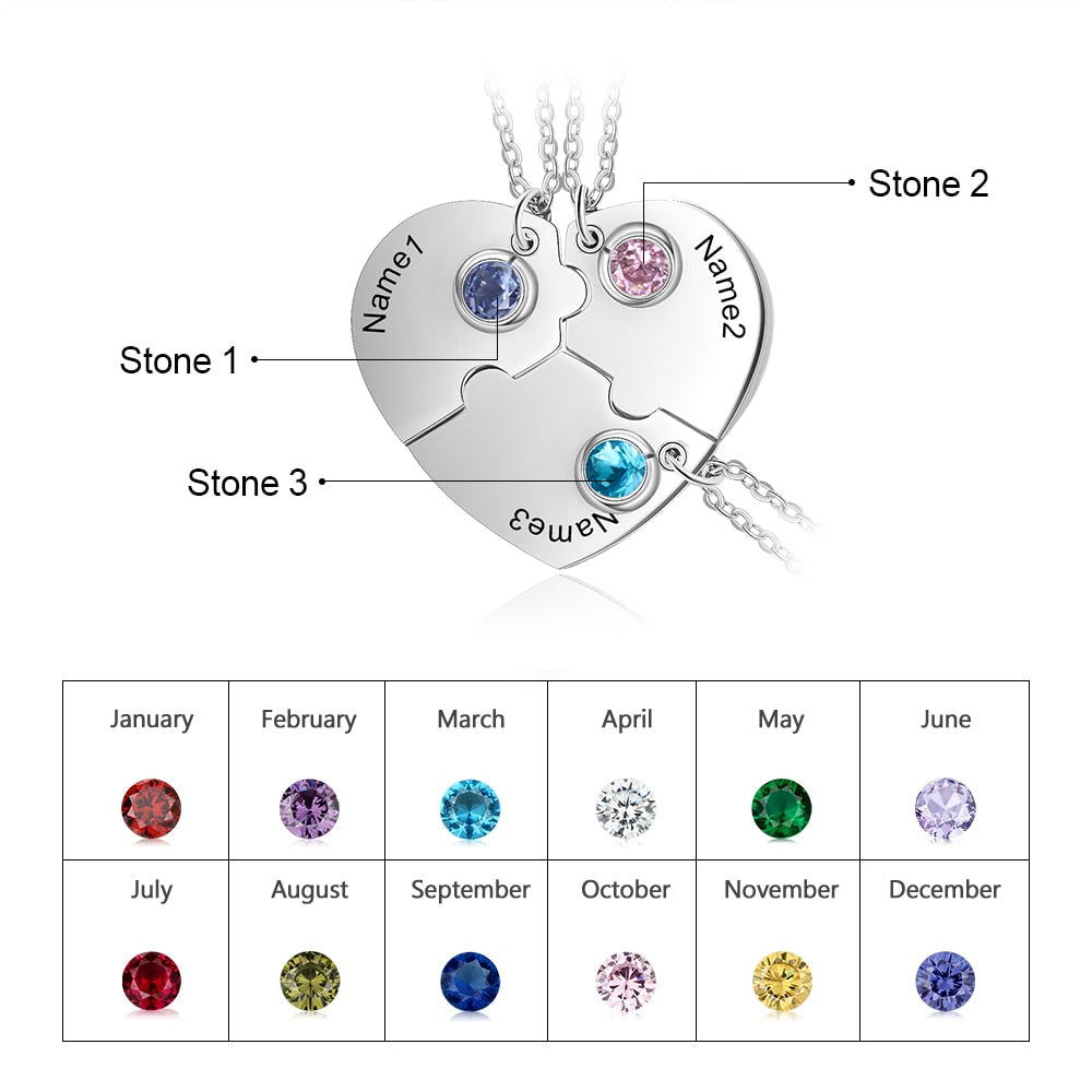 3ピース 誕生石 名前入れ カスタムハート型ペンダントネックレス