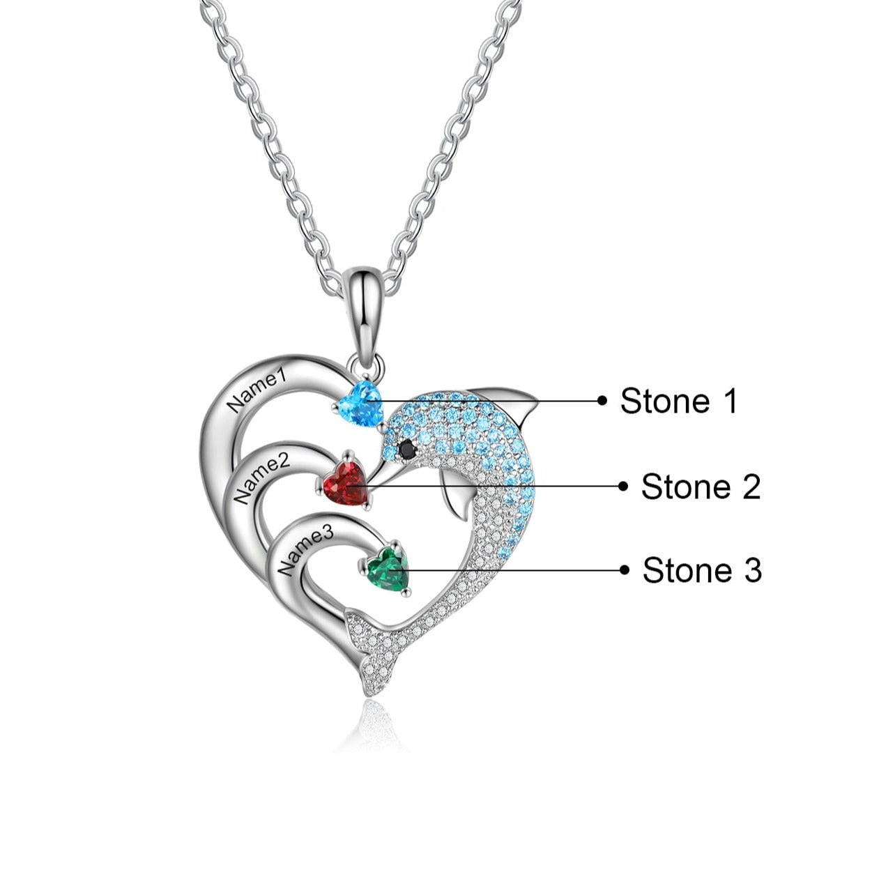 輝くストーン装飾ドルフィン付き名前入れ 誕生石入りカスタム ハート型ペンダントネックレス