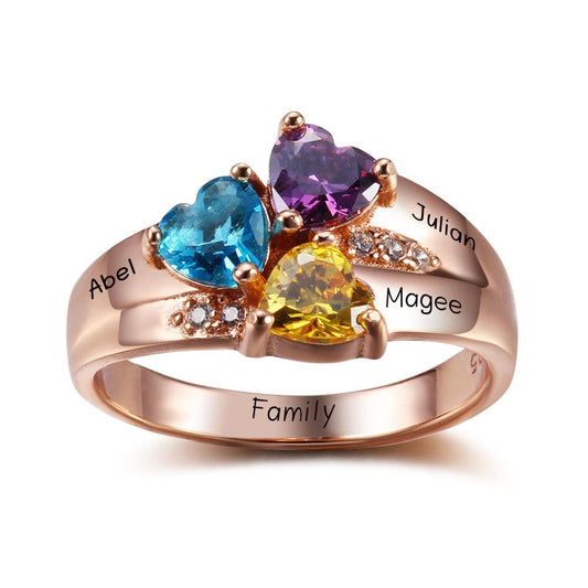 輝くローズゴールドとハートの人工ダイヤモンドの誕生石 ネーム刻印リング 指輪