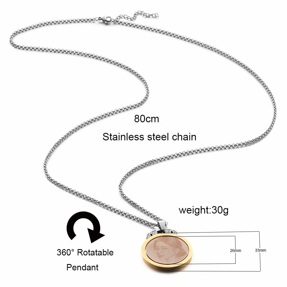 360°回転 写真入れ 名前刻印オーダーメイド ラウンドペンダント ネックレス