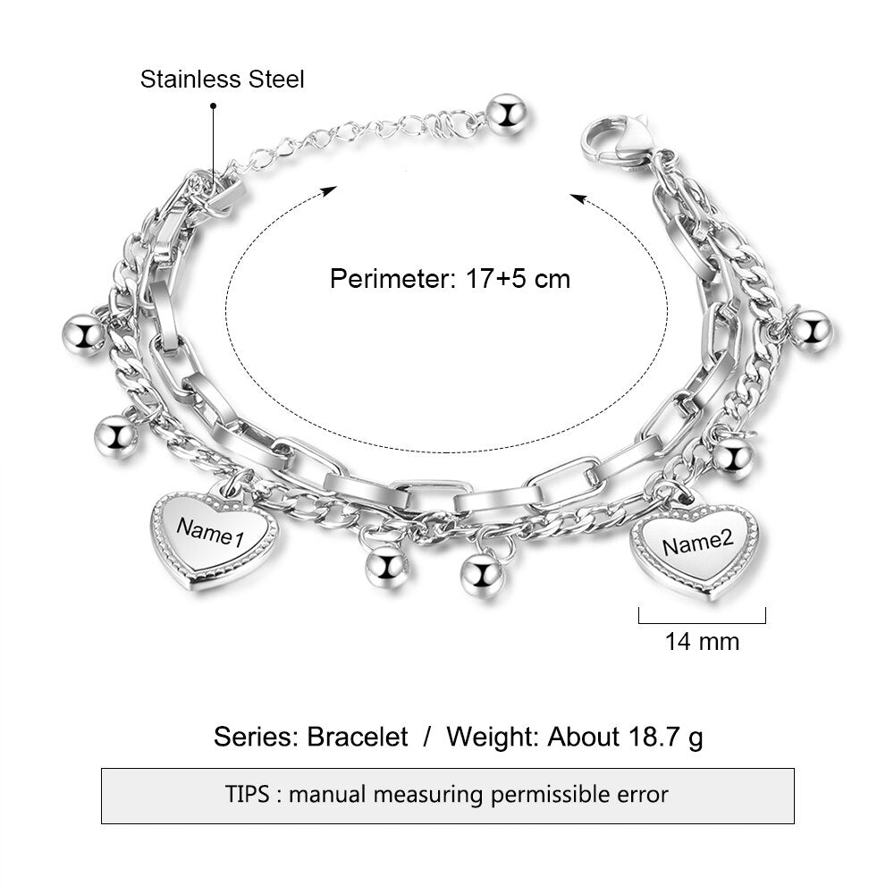 チャーミングなダブルチェーンとハートペンダント名前入れカスタム ペンダント ブレスレット