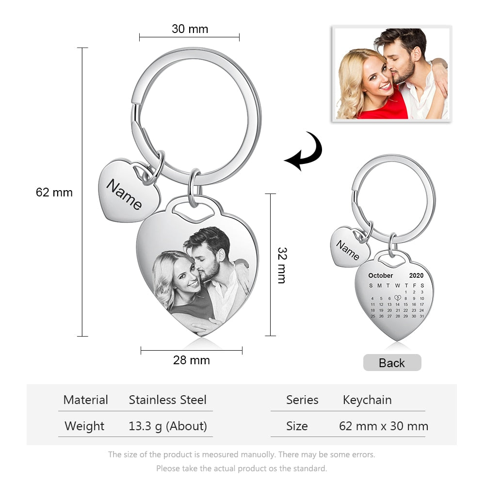 カレンダへの記念日と写真刻印のカスタムハート型キーホルダー