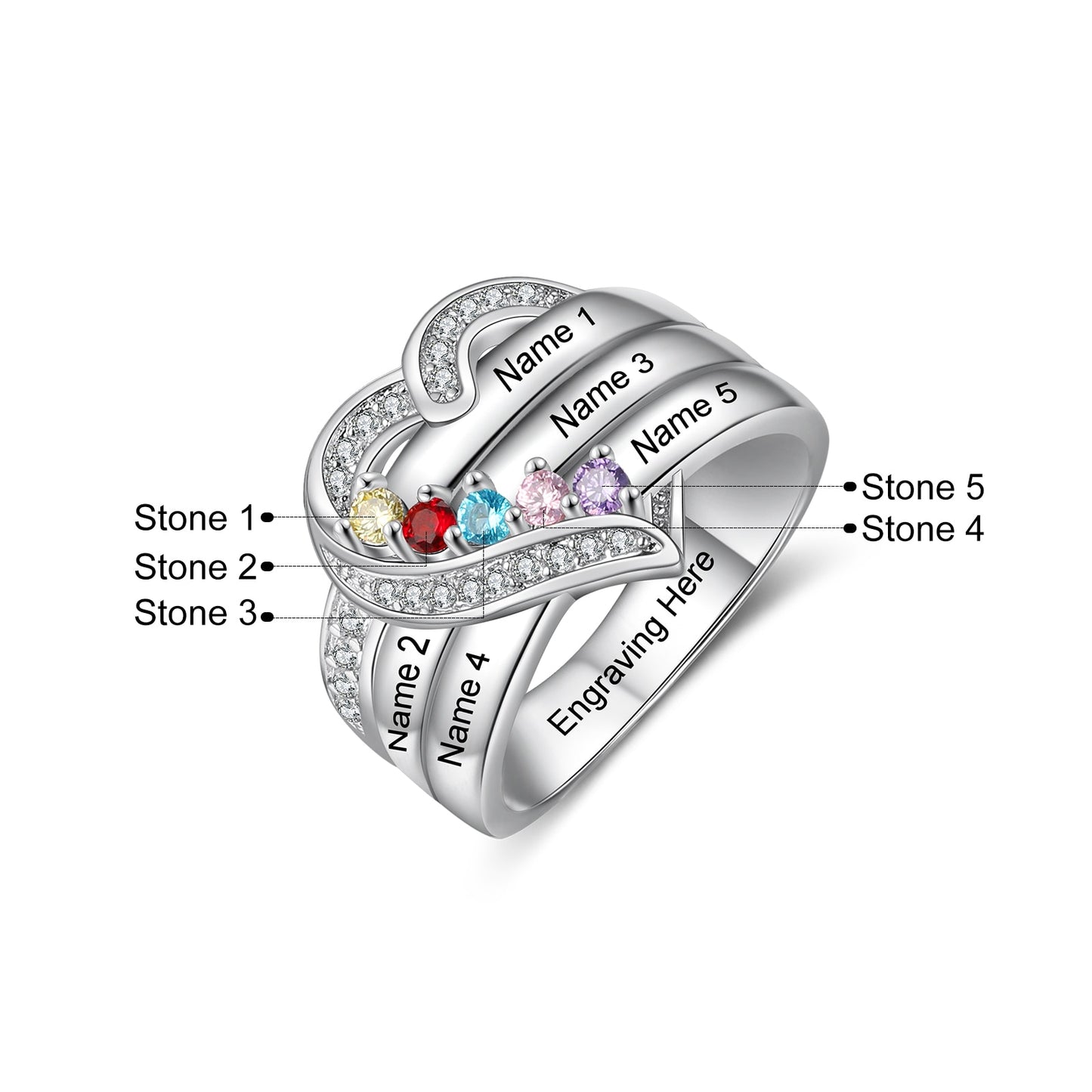 純度92.5％シルバー リング 輝くジルコン誕生石 ネーム刻印 ハート型 リング 指輪