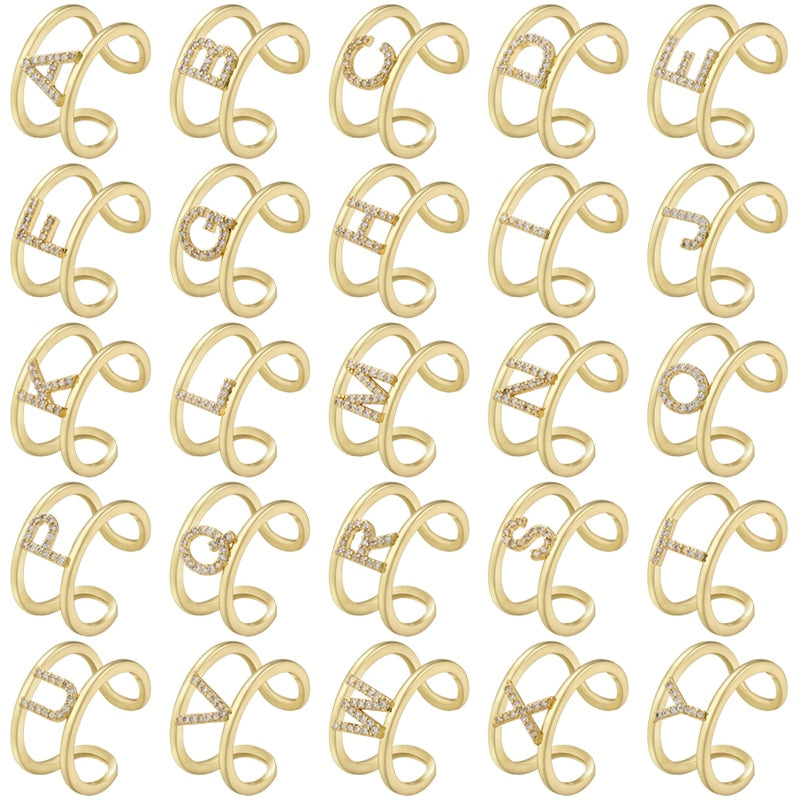 輝きのキュービックジルコニア イニシャル装飾ダブル リング指輪