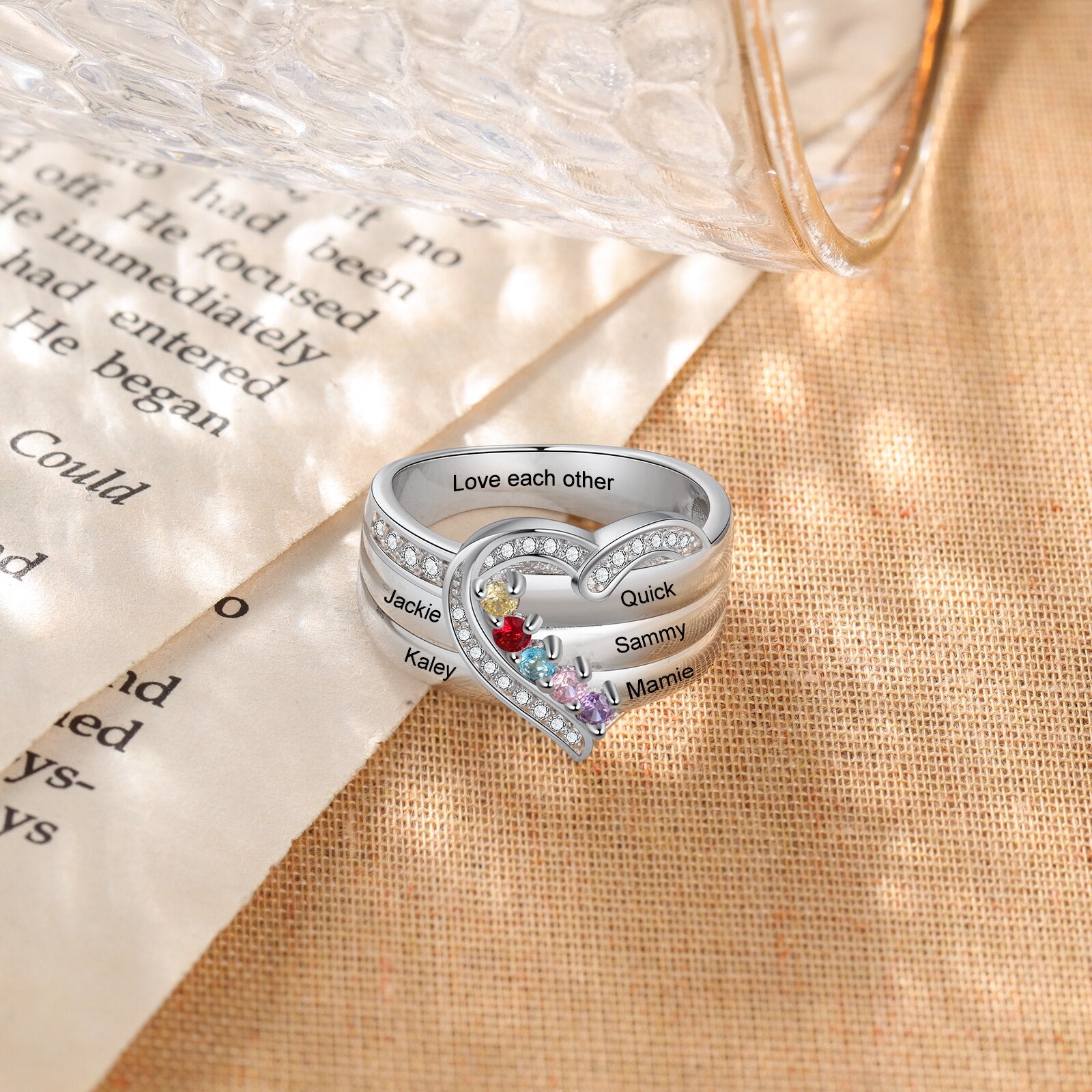 純度92.5％シルバー リング 輝くジルコン誕生石 ネーム刻印 ハート型 リング 指輪 – World-customize-store